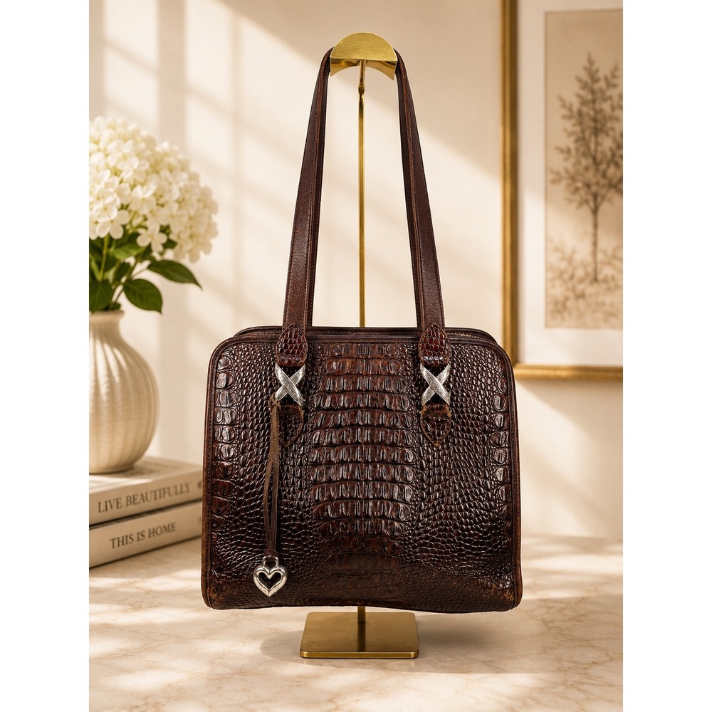 Brighton Brown Croc Embossed Leather Shoulder Bag Heart Charm A052677